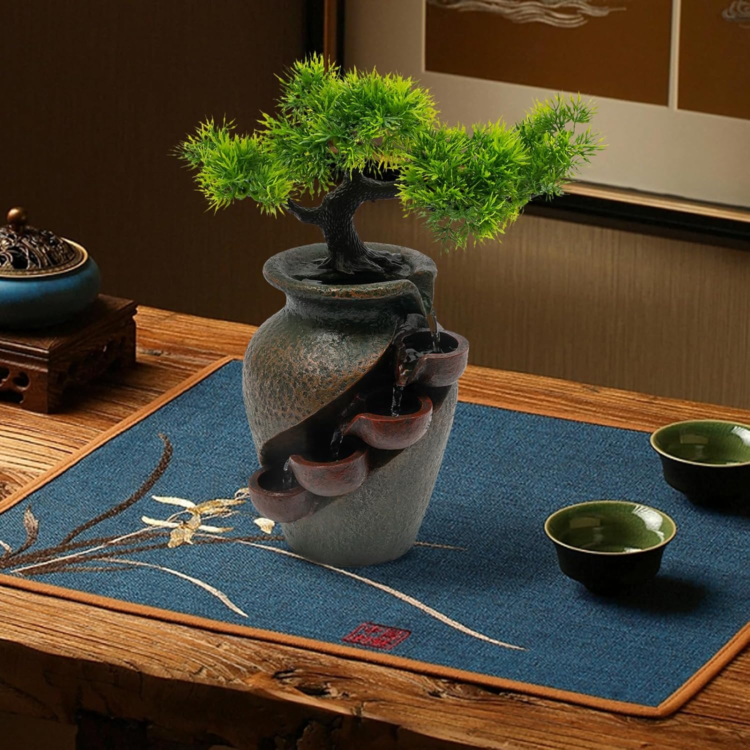 Ageanbri Indoor Tiered Water Fountain with Plants Decor