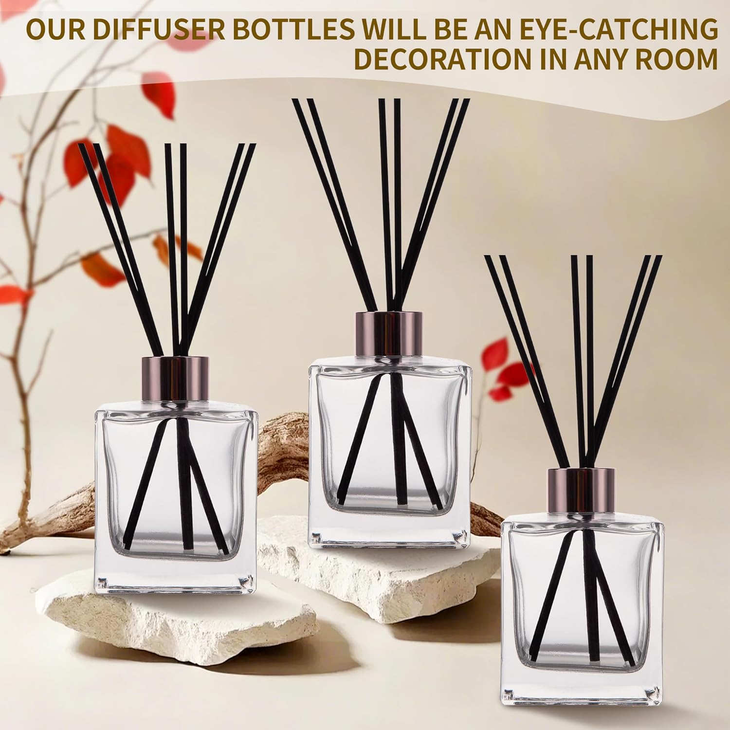 6 Pack Transparent Glass Diffuser Bottles with Black Sticks