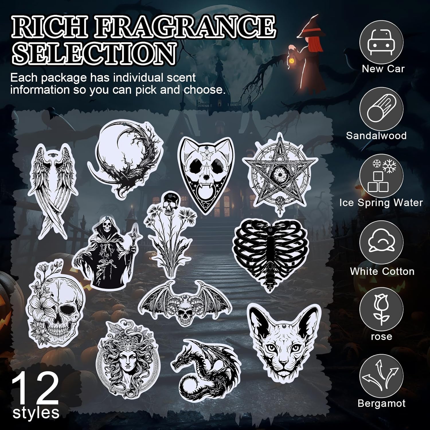 12 Pcs Gothic Scented Decor Black Skull Car Air Freshener