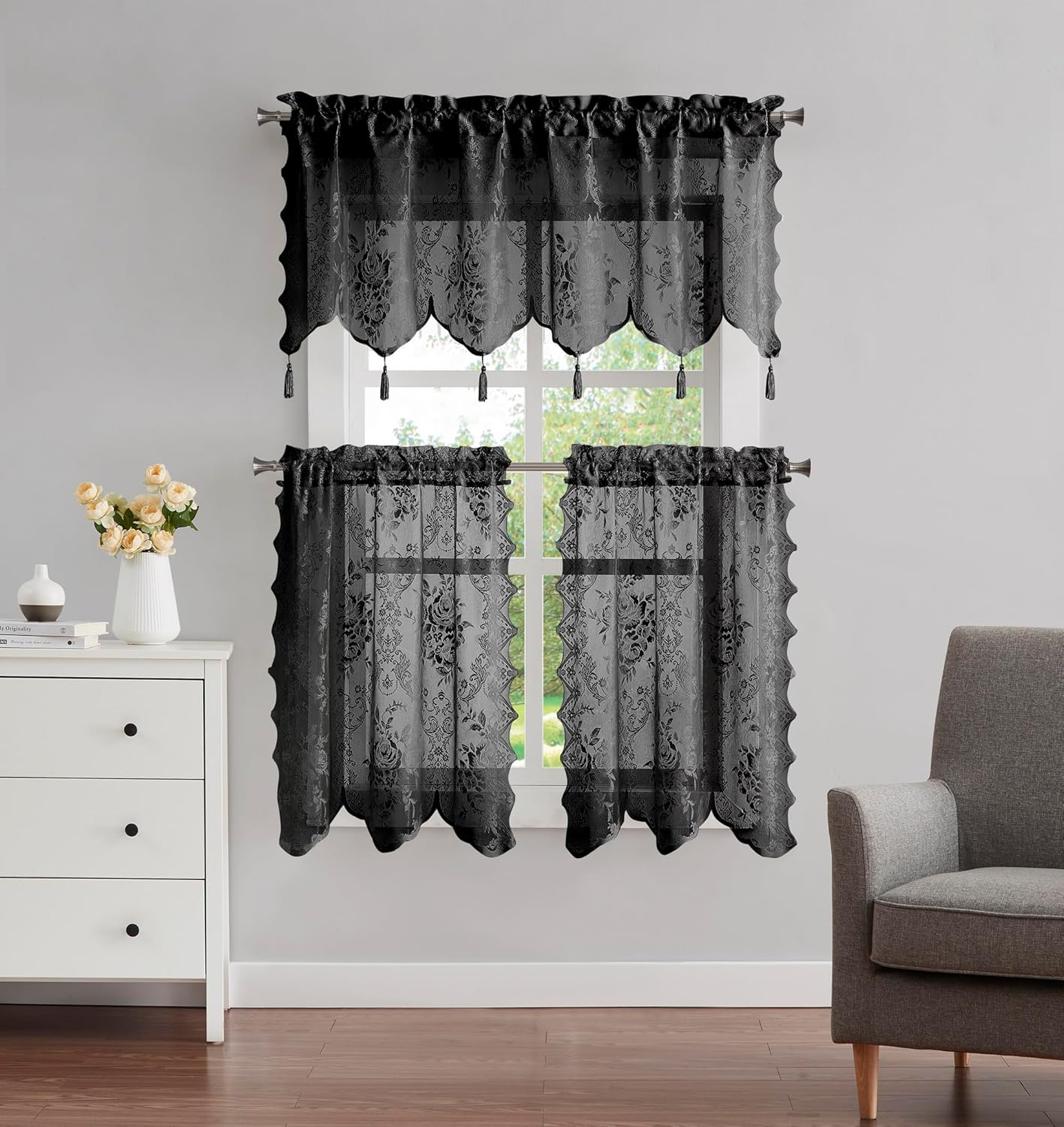 Warm Home Designs 3 Piece Black Lace Kitchen Curtain Set