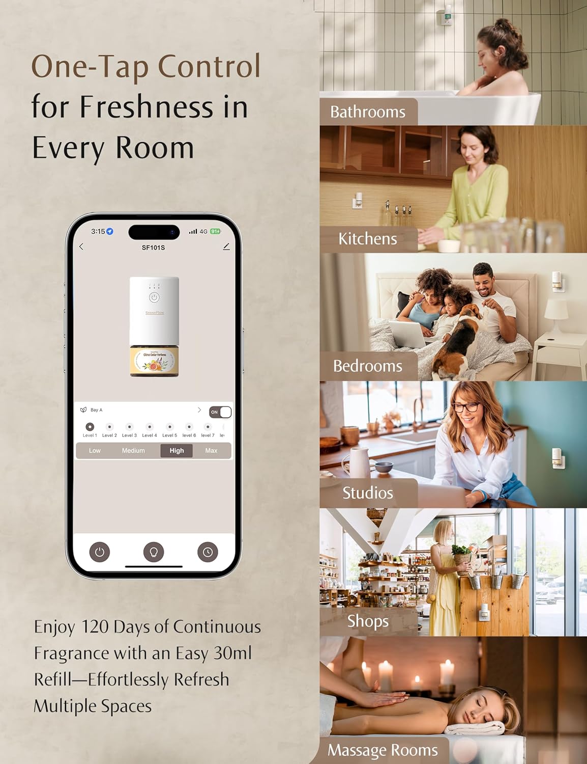 SenseFlow SF101S Smart Wi-Fi Waterless Diffuser with Minted Rosewood
