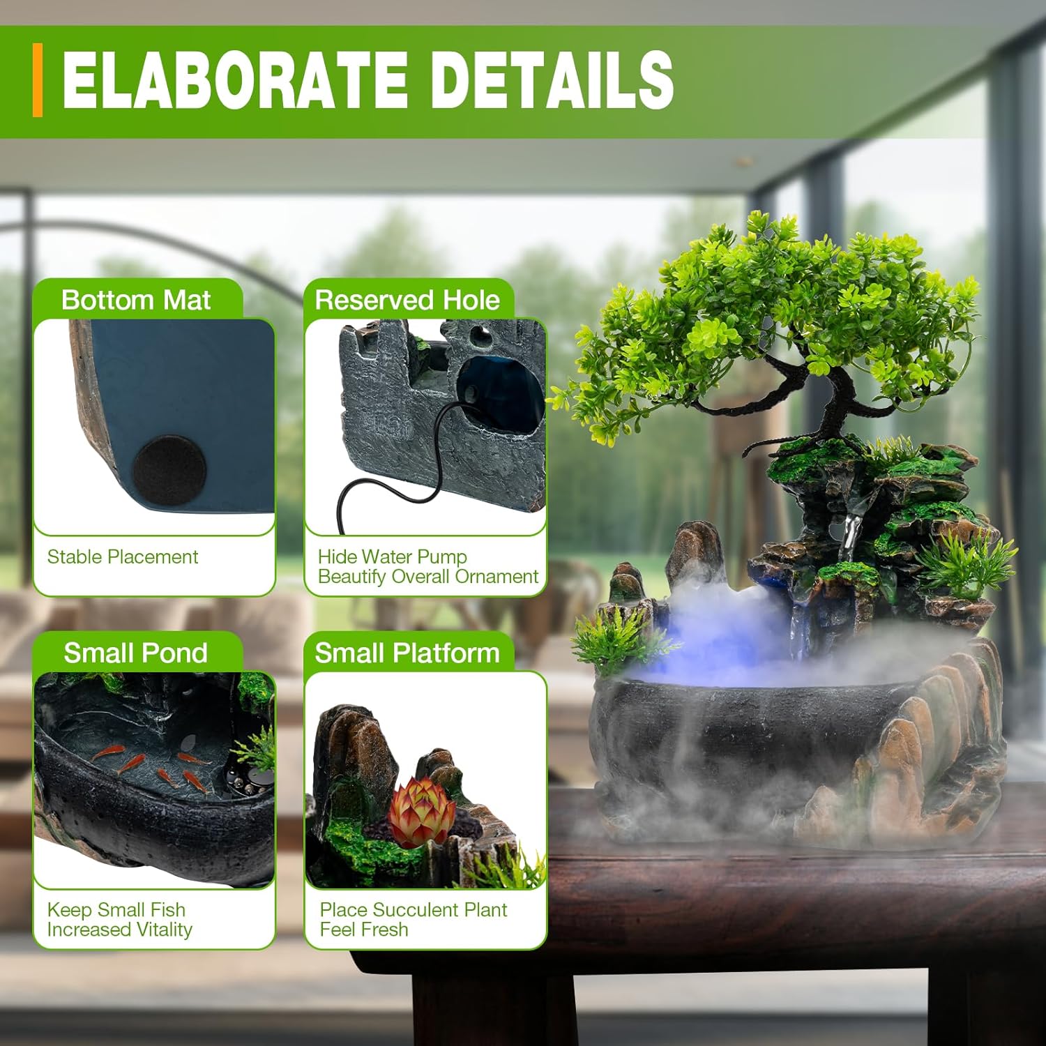 Tabletop Water Fountain with LED Lights Indoor Decor