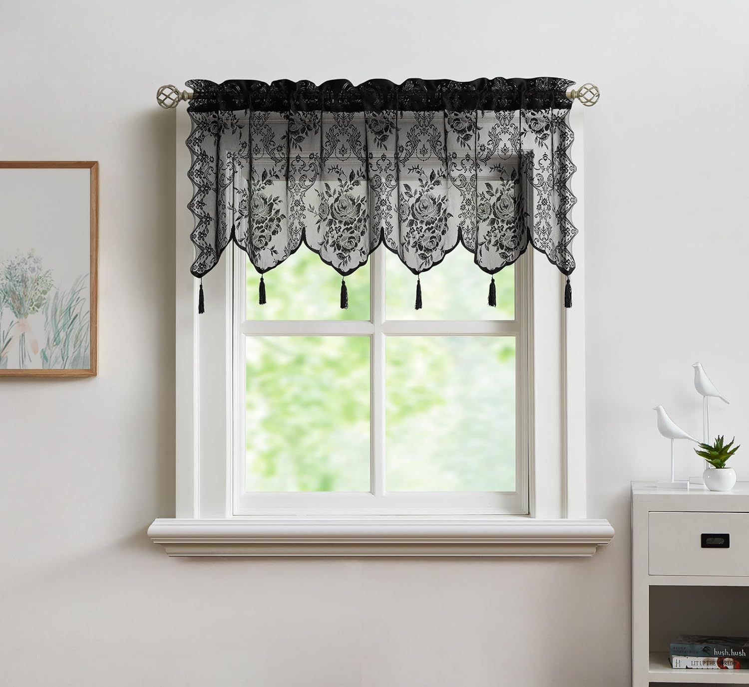 LinenZone Sheer Lace Valance with 6 Tassels and Scalloped Bottom