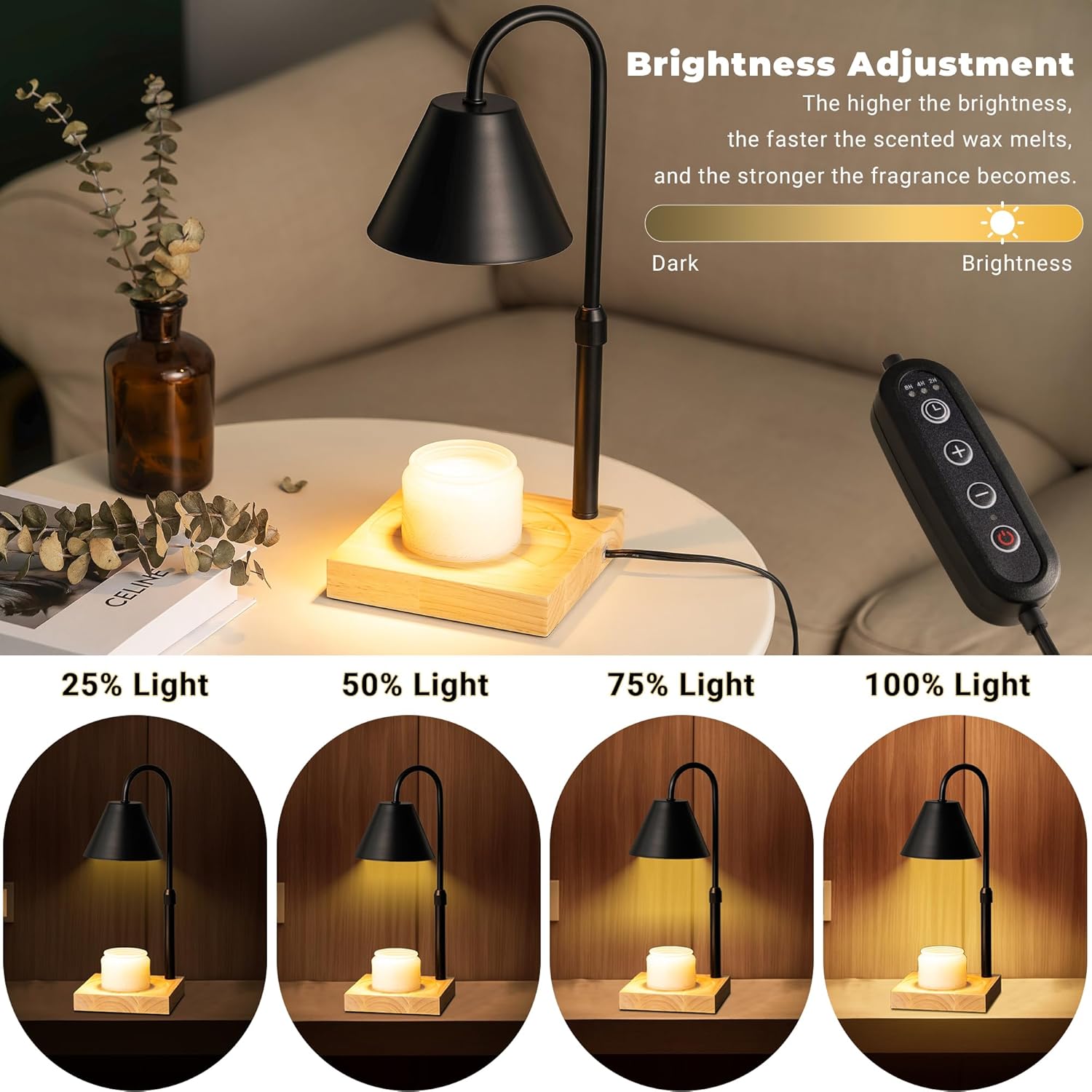 Black Dimmable Candle Warmer Lamp with Timer and 2 Bulbs