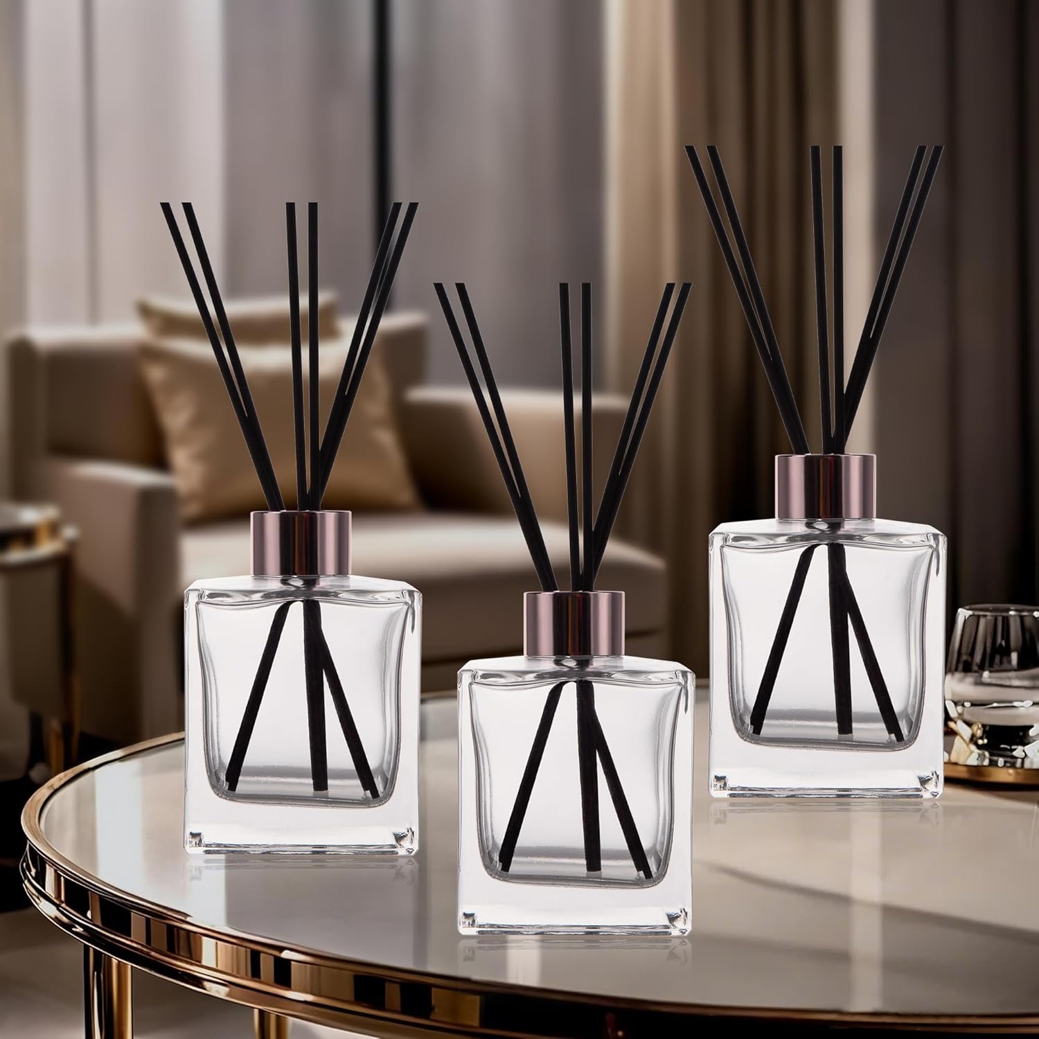 6 Pack Transparent Glass Diffuser Bottles with Black Sticks