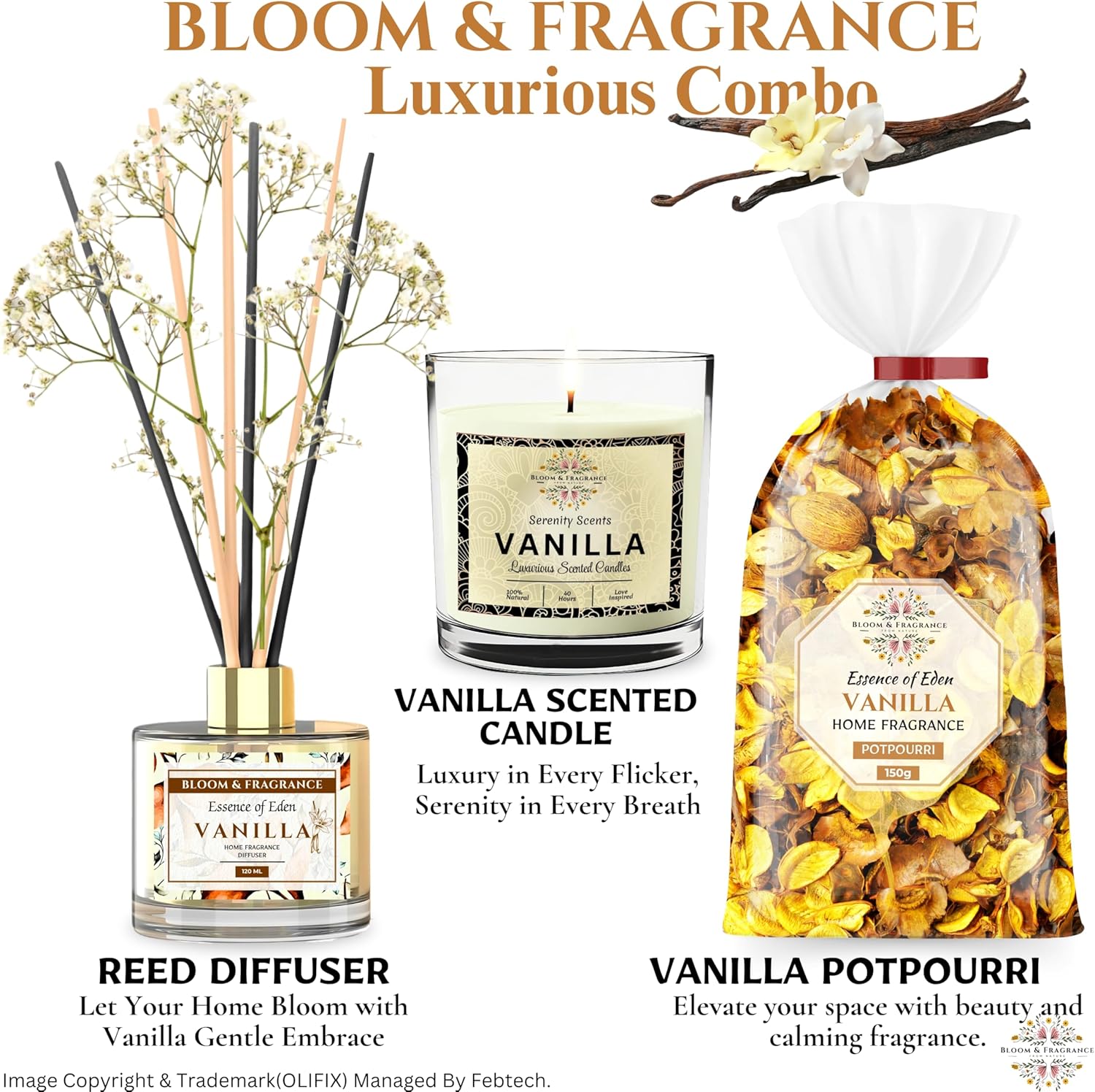 Vanilla Home Fragrance Gift Set with Reed Diffuser Candle and Potpourri