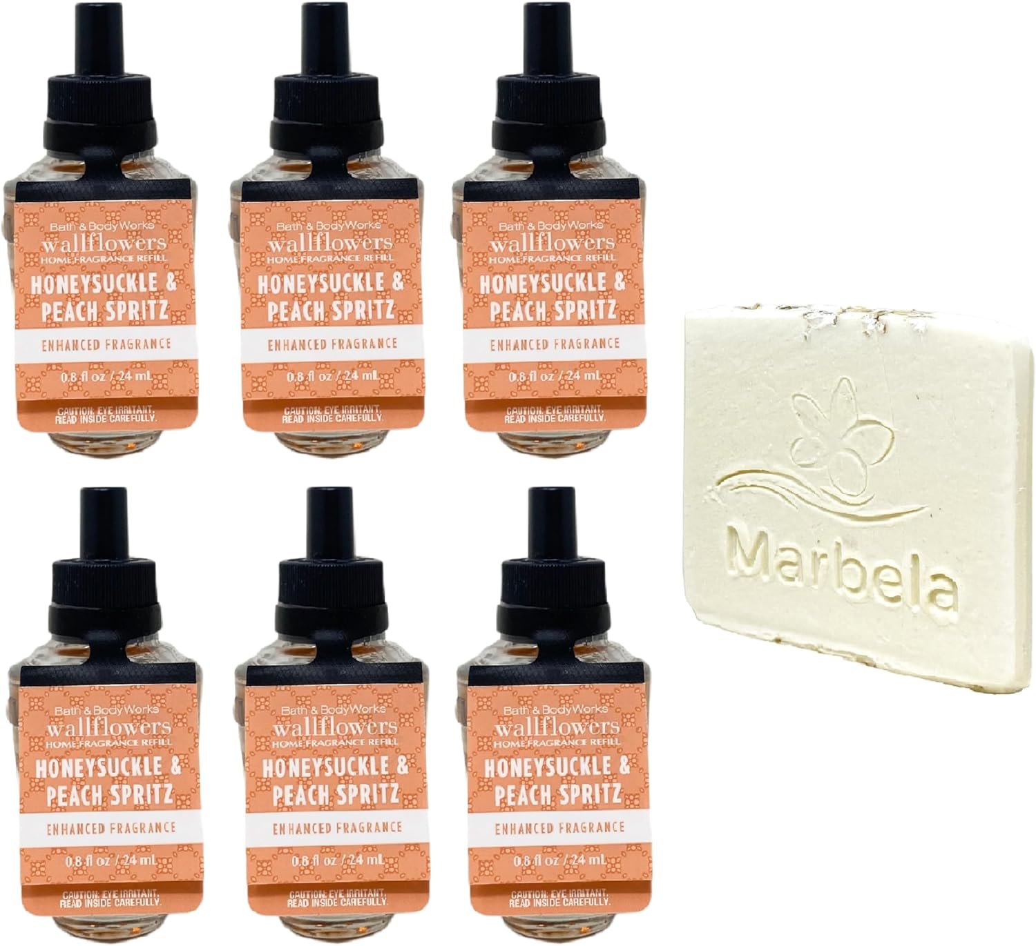 Bath Body Works Honeysuckle Peach Spritz 6 Pack Wallflowers Refill with Soap