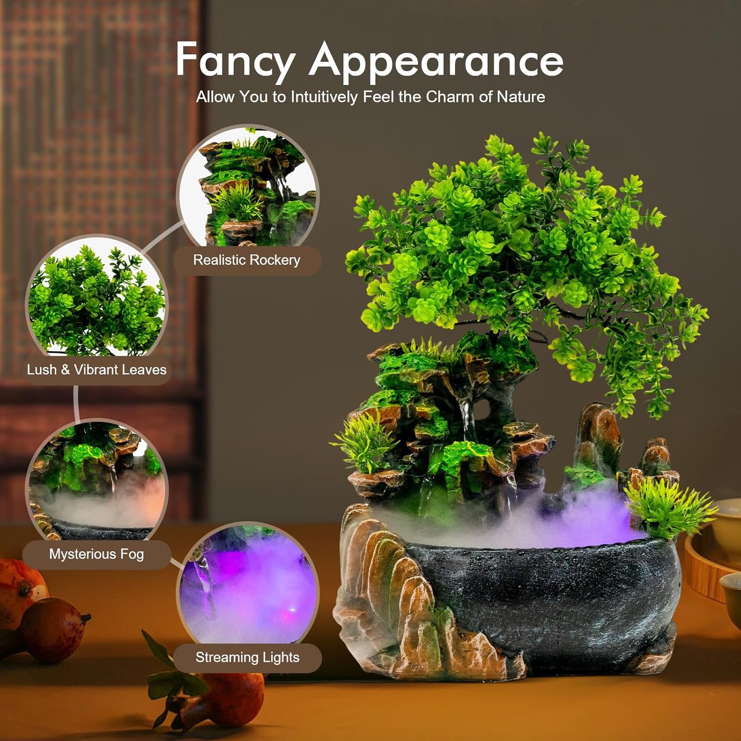 Indoor Water Fountain with LED Light and Submersible Pump