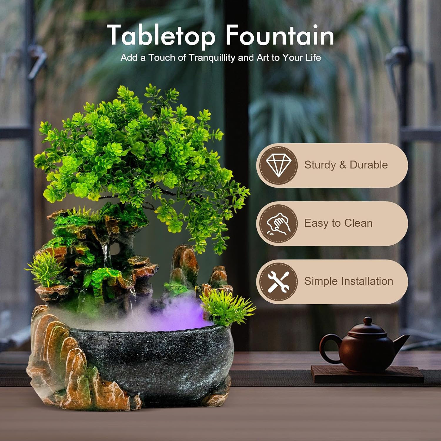 Indoor Water Fountain with LED Light and Submersible Pump