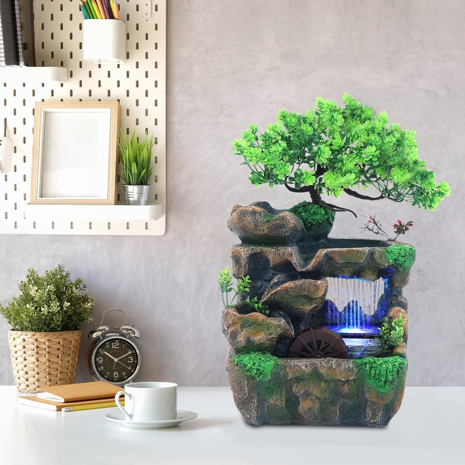 Indoor Bonsai Waterfall Fountain with LED Lights and Windmills