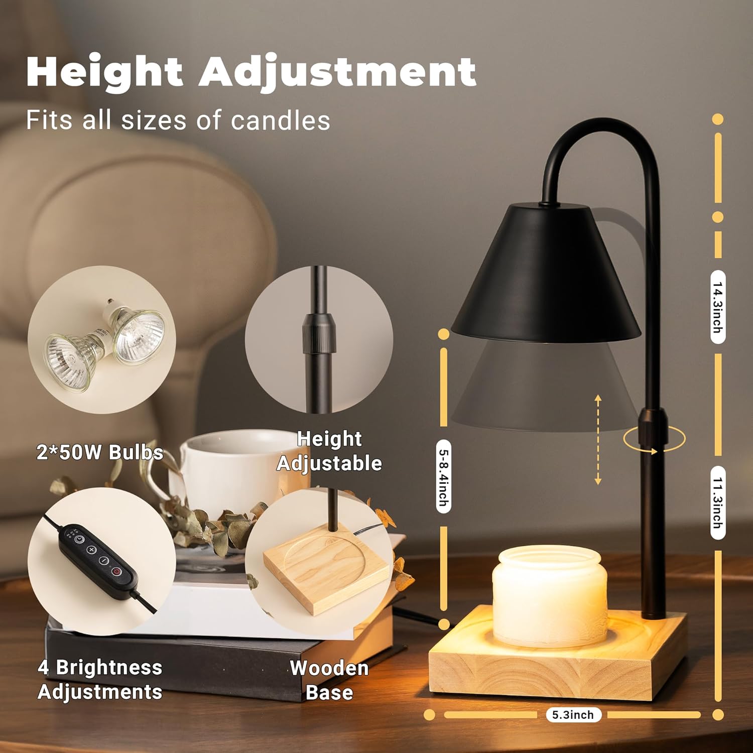 Black Dimmable Candle Warmer Lamp with Timer and 2 Bulbs
