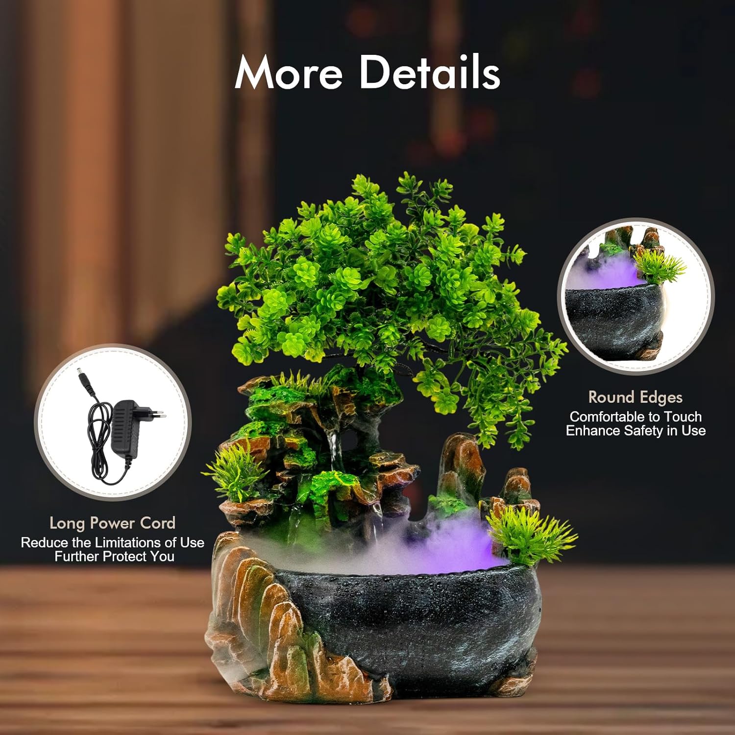 Indoor Water Fountain with LED Light and Submersible Pump