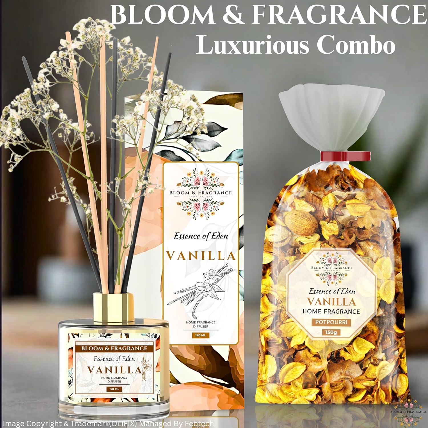 Vanilla Home Fragrance Gift Set with Reed Diffuser Candle and Potpourri