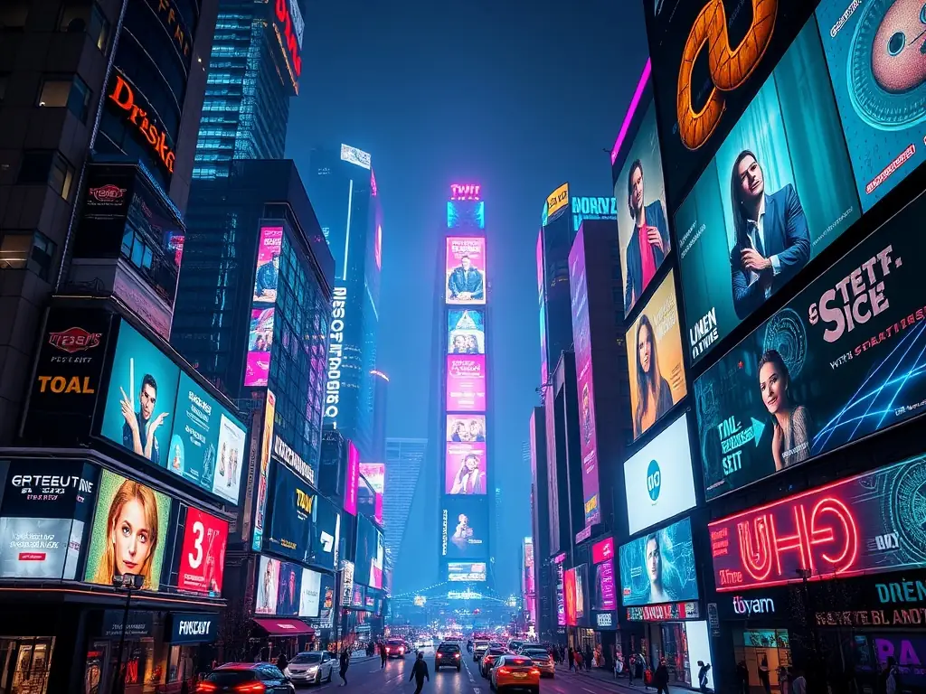A visually striking image depicting a modern cityscape with digital billboards strategically placed to capture attention, showcasing TRUETILTTECH LTD's spatial awareness advertising in action.