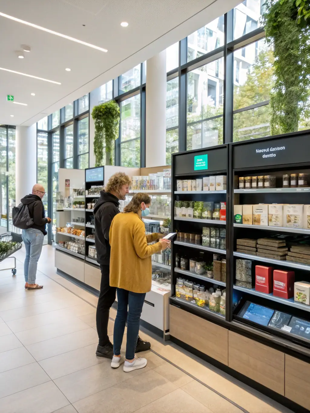 A dynamic digital display in a retail setting, adjusting its content based on the viewer's position and gaze, illustrating personalized advertising through spatial technology.
