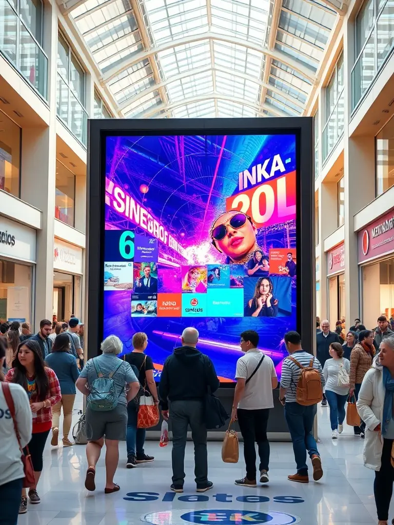 A photograph of an interactive display in a shopping mall, utilizing spatial awareness to attract and engage shoppers with a clothing brand's latest collection.